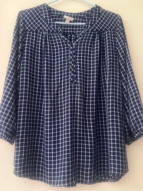 St. John's Bay Navy and White Windowpane Blouse